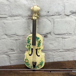Vintage Music Box Wooden Decorative White Violin with Roses Plays Music